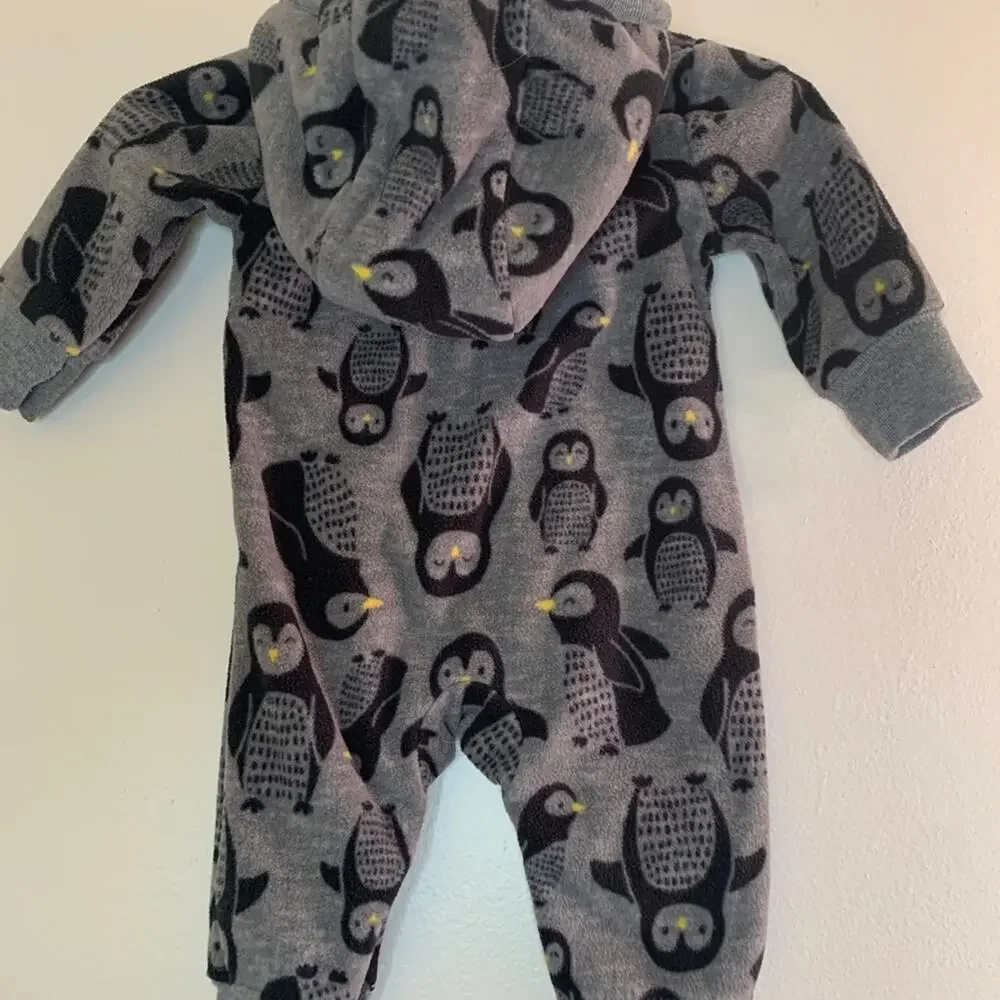 JUST ONE YOU Infant Fleece Penguin One Piece with Sherpa Hood / Size: 3 Months